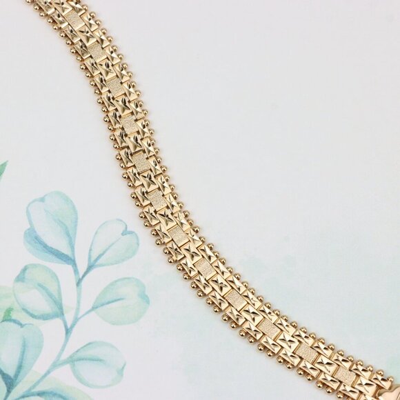 "Rose Gold Textured Link Bracelet with Gold Beaded Border, XPBL0878 - Picture 1 of 12